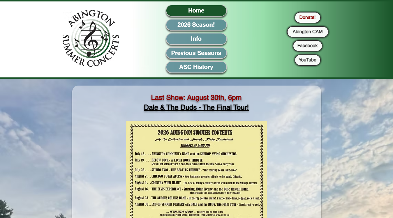 Website screenshot for Abington Summer Concerts