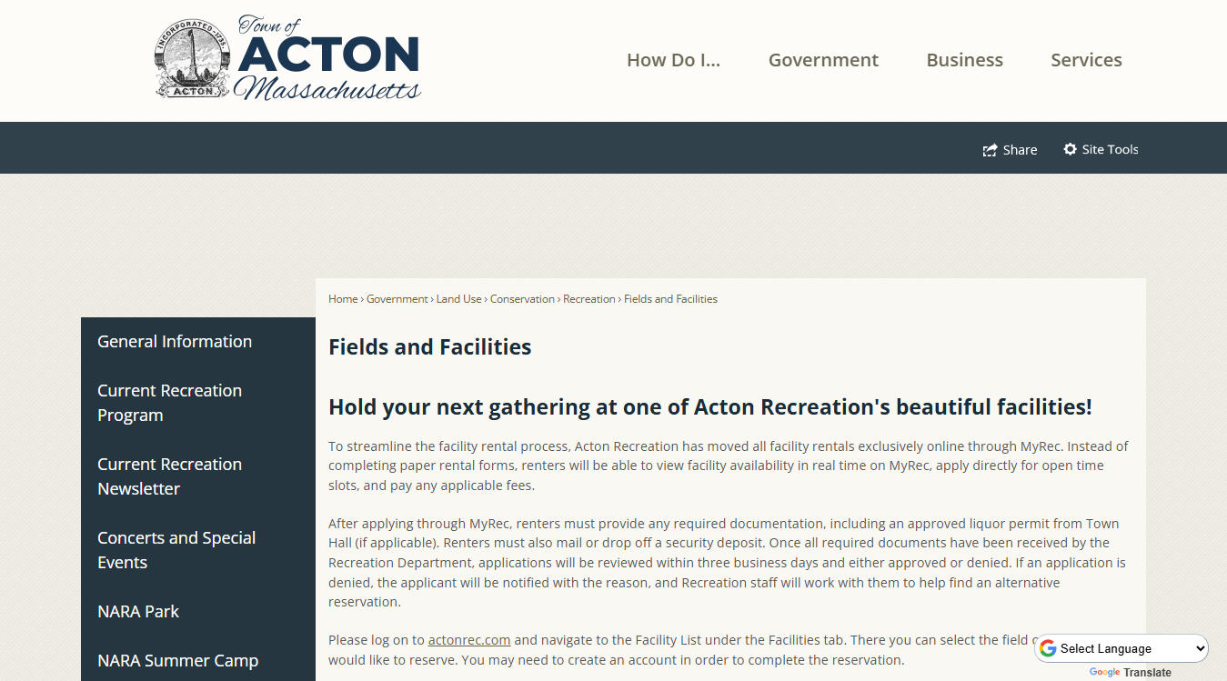 Website screenshot for Acton Fields