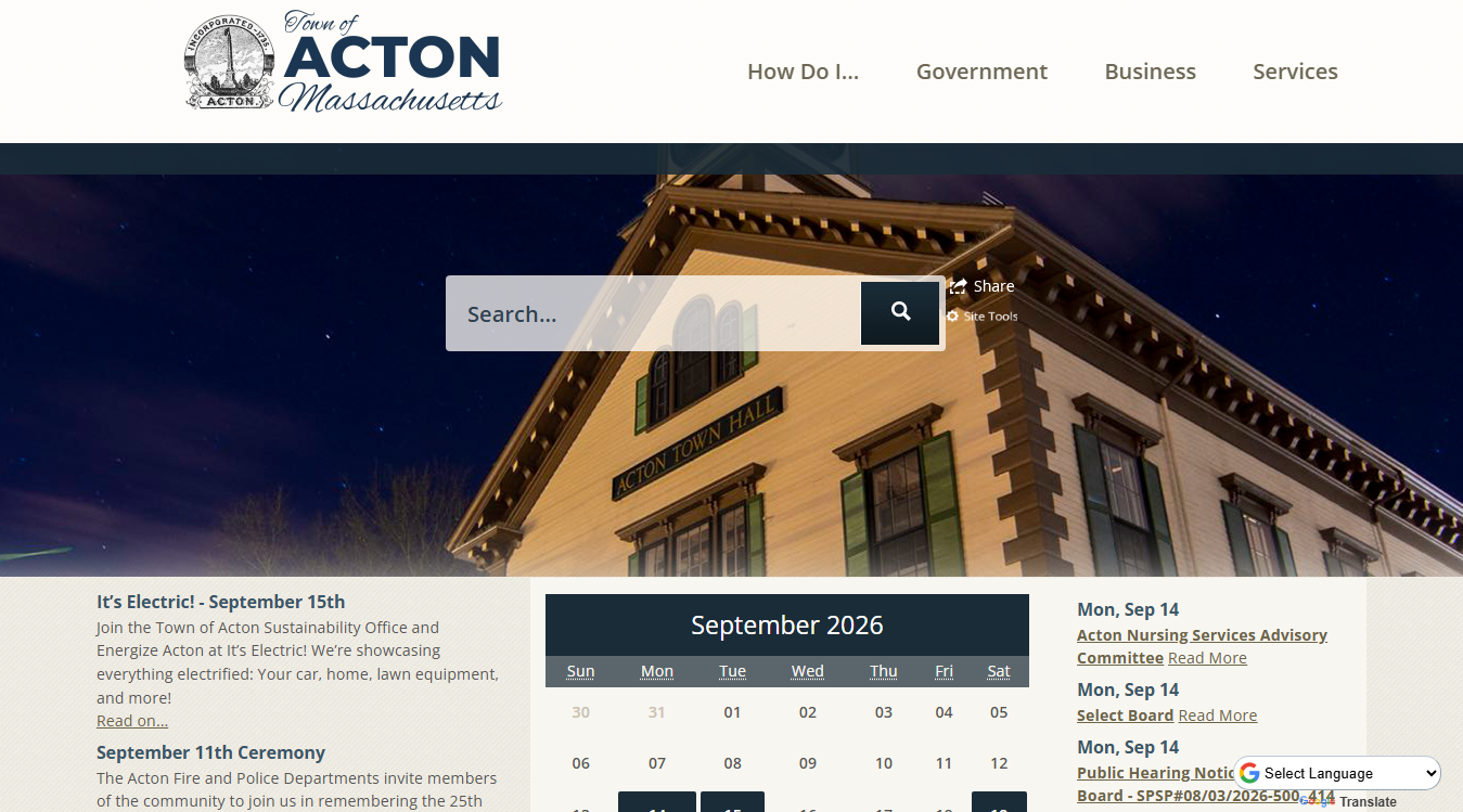 Website screenshot for Acton Town Hall