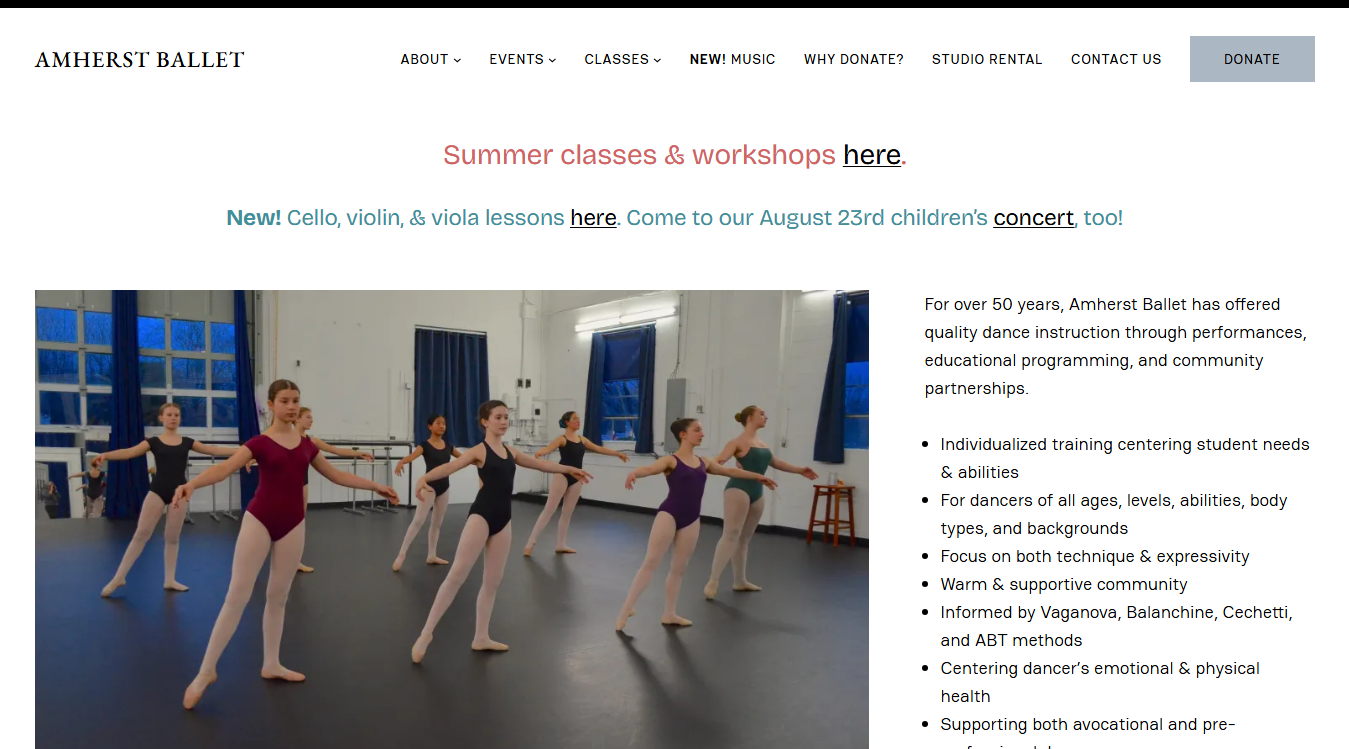 Website screenshot for Amherst Ballet Theatre Company