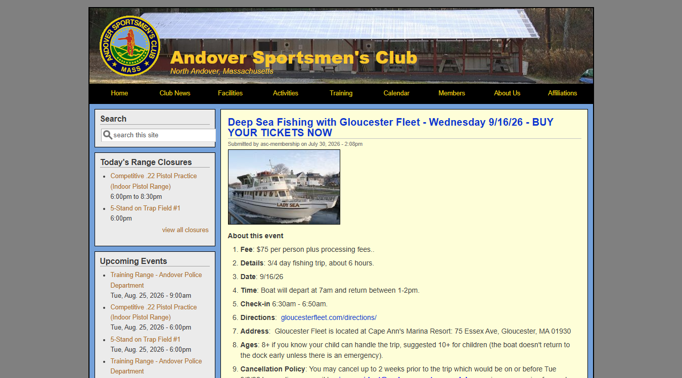 Website screenshot for Andover Sportsmen's Club