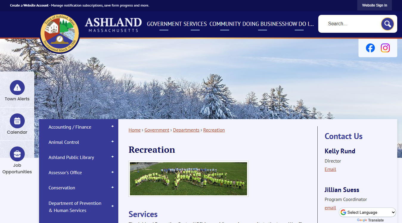 Website screenshot for Ashland Recreation Comm