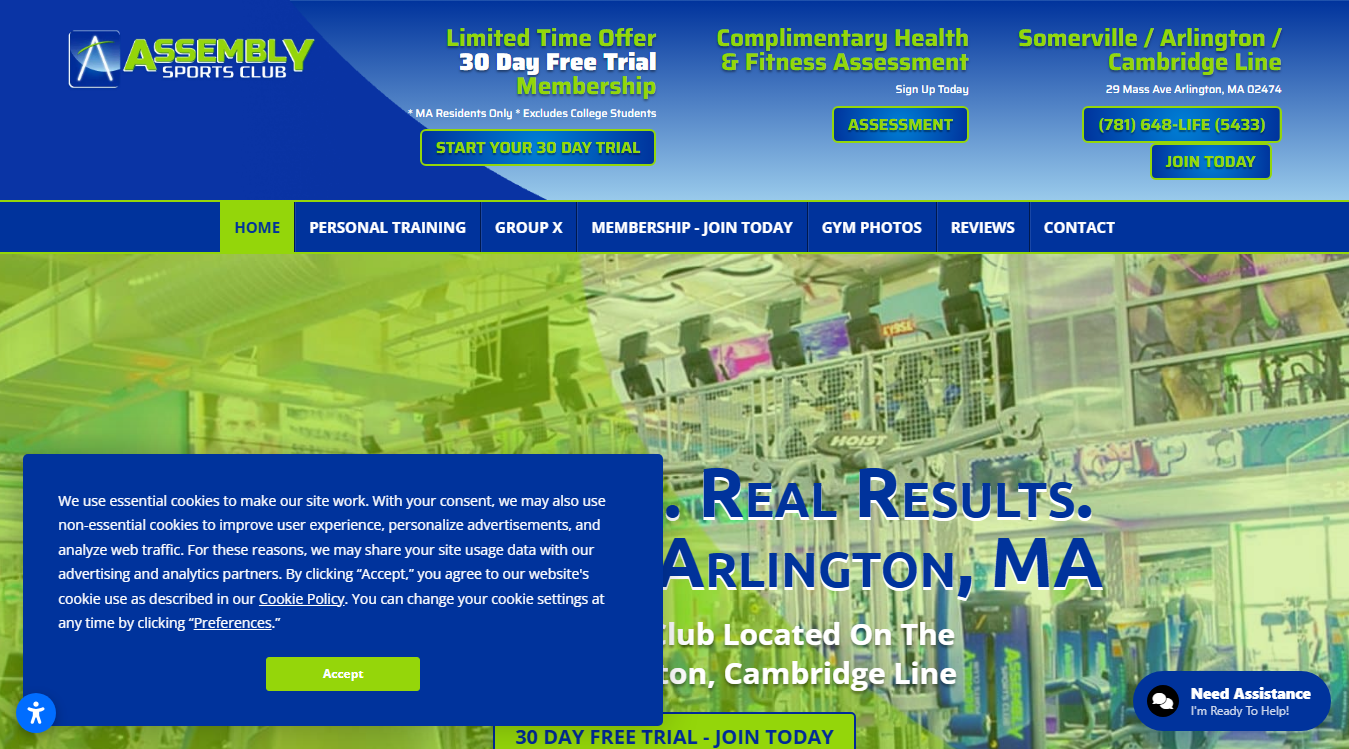 Website screenshot for Assembly Sports Club Arlington, MA