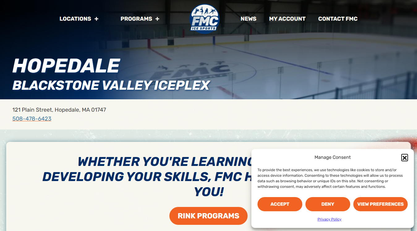 Website screenshot for Blackstone Valley IcePlex