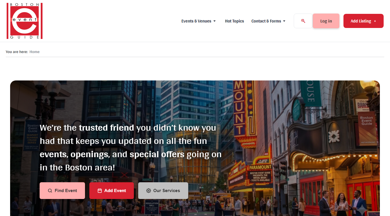 Website screenshot for Boston Event Guide