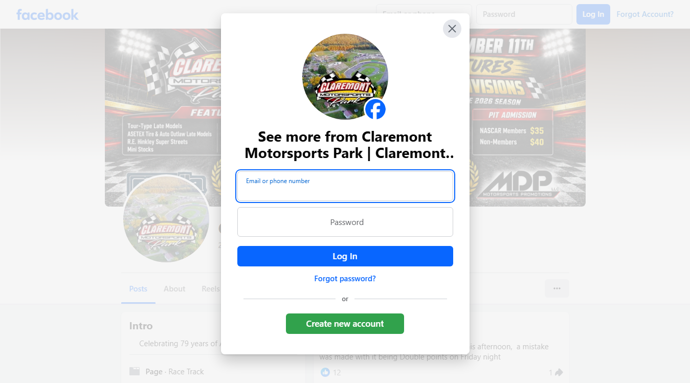 Website screenshot for Claremont Motorsports Park