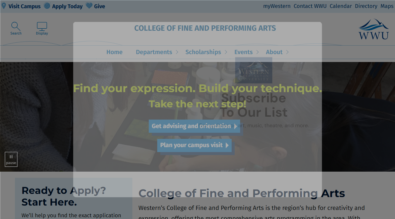 Website screenshot for College of Fine and Performing Arts
