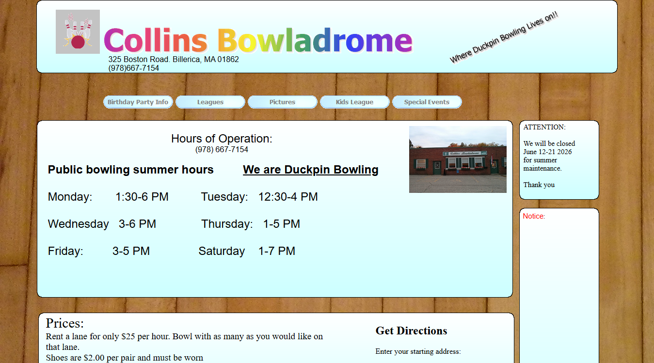Website screenshot for Collins Bowladrome