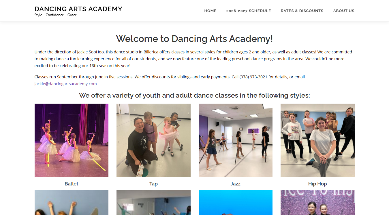 Website screenshot for Dancing Arts Academy