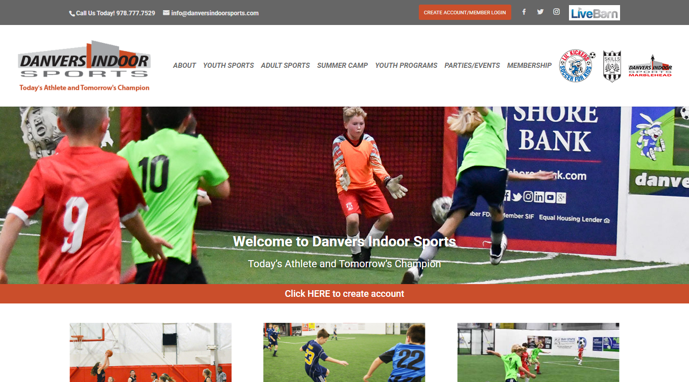 Website screenshot for Danvers Indoor Sports