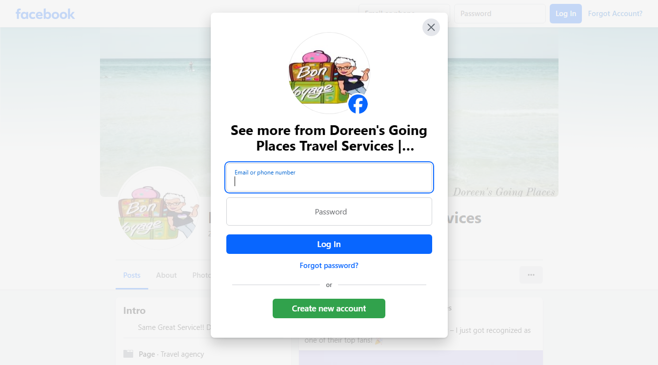 Website screenshot for Doreen's Going Places Travel Services