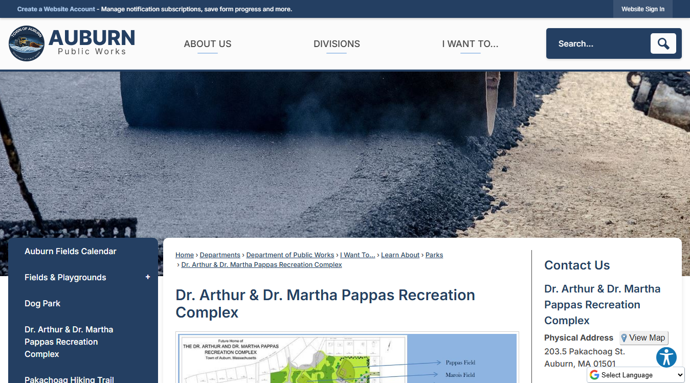 Website screenshot for Dr. Arthur and Dr. Martha Pappas Recreation Complex