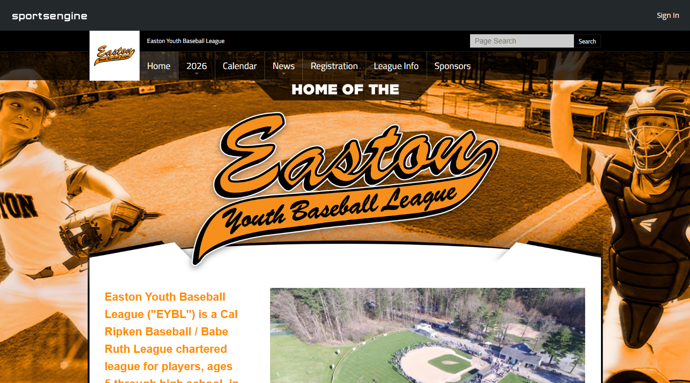 Website screenshot for Easton Little League (Militia Field Complex)