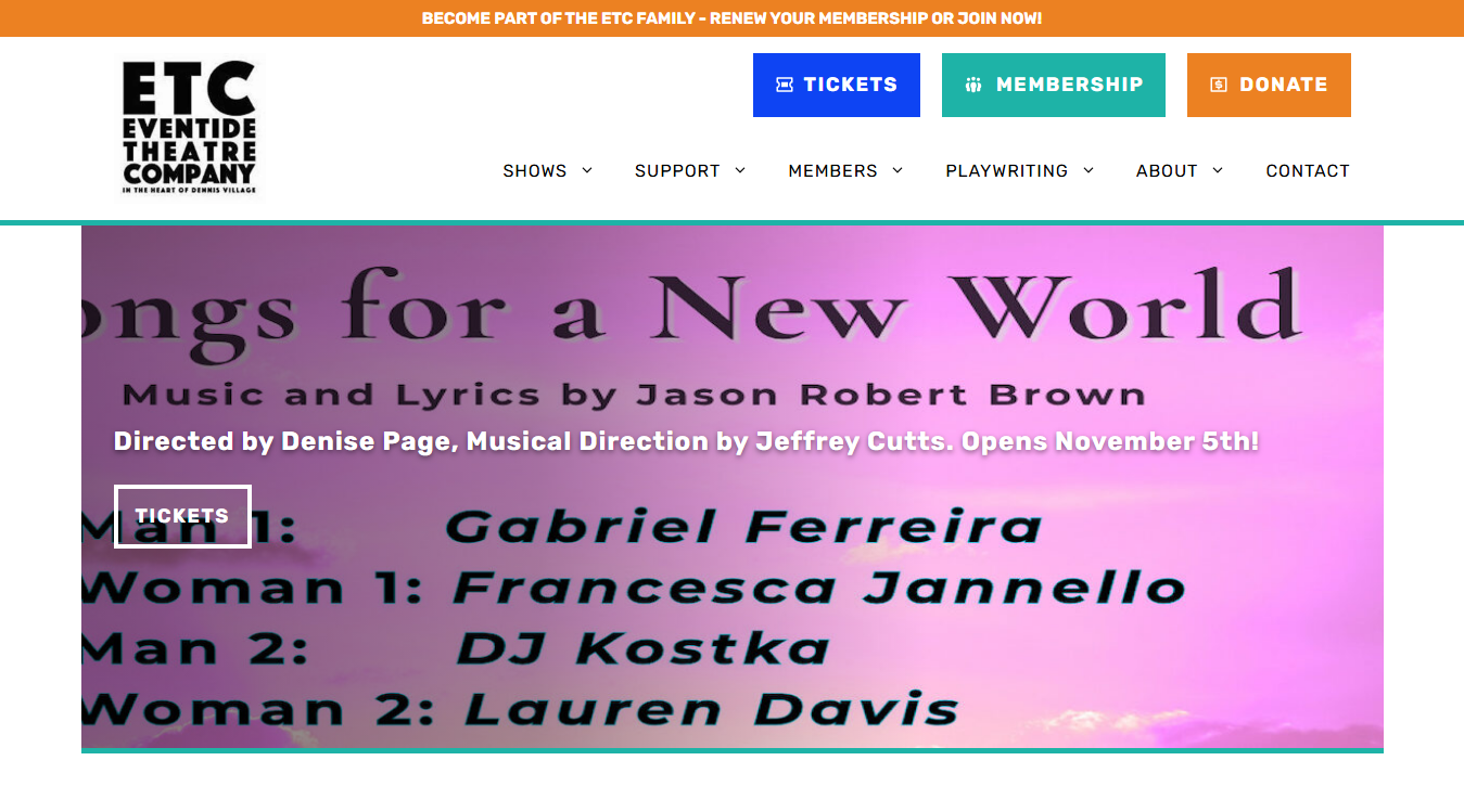 Website screenshot for Eventide Theatre Company