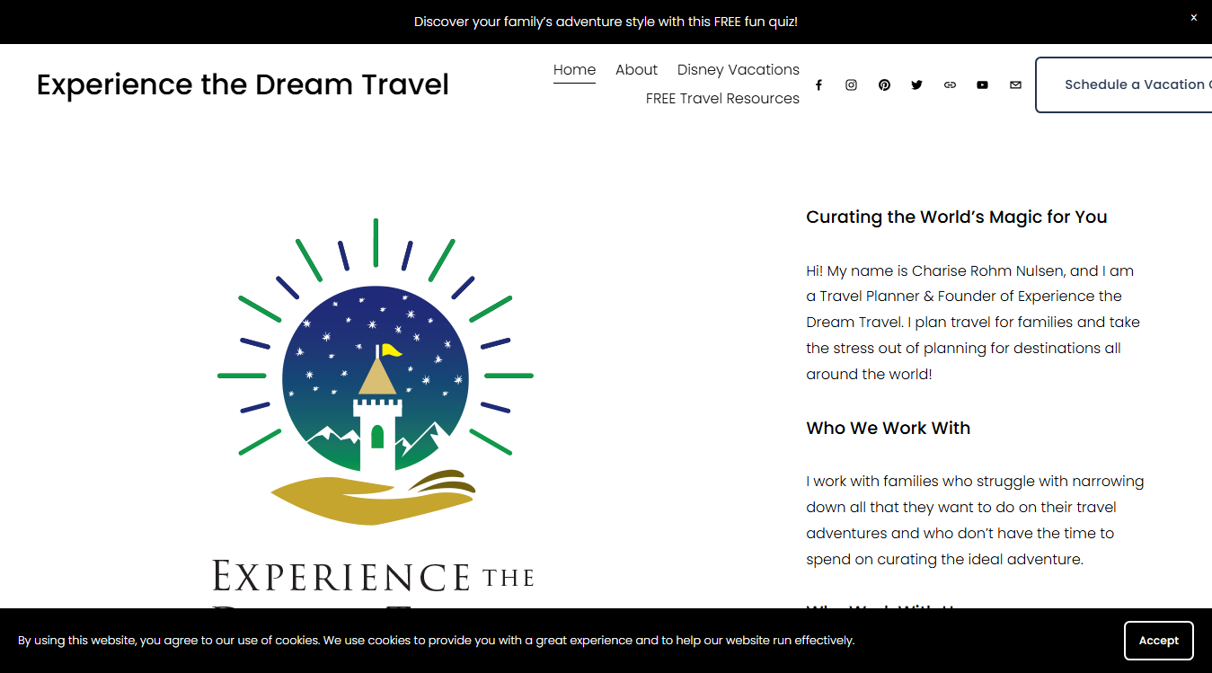Website screenshot for Experience the Dream Travel