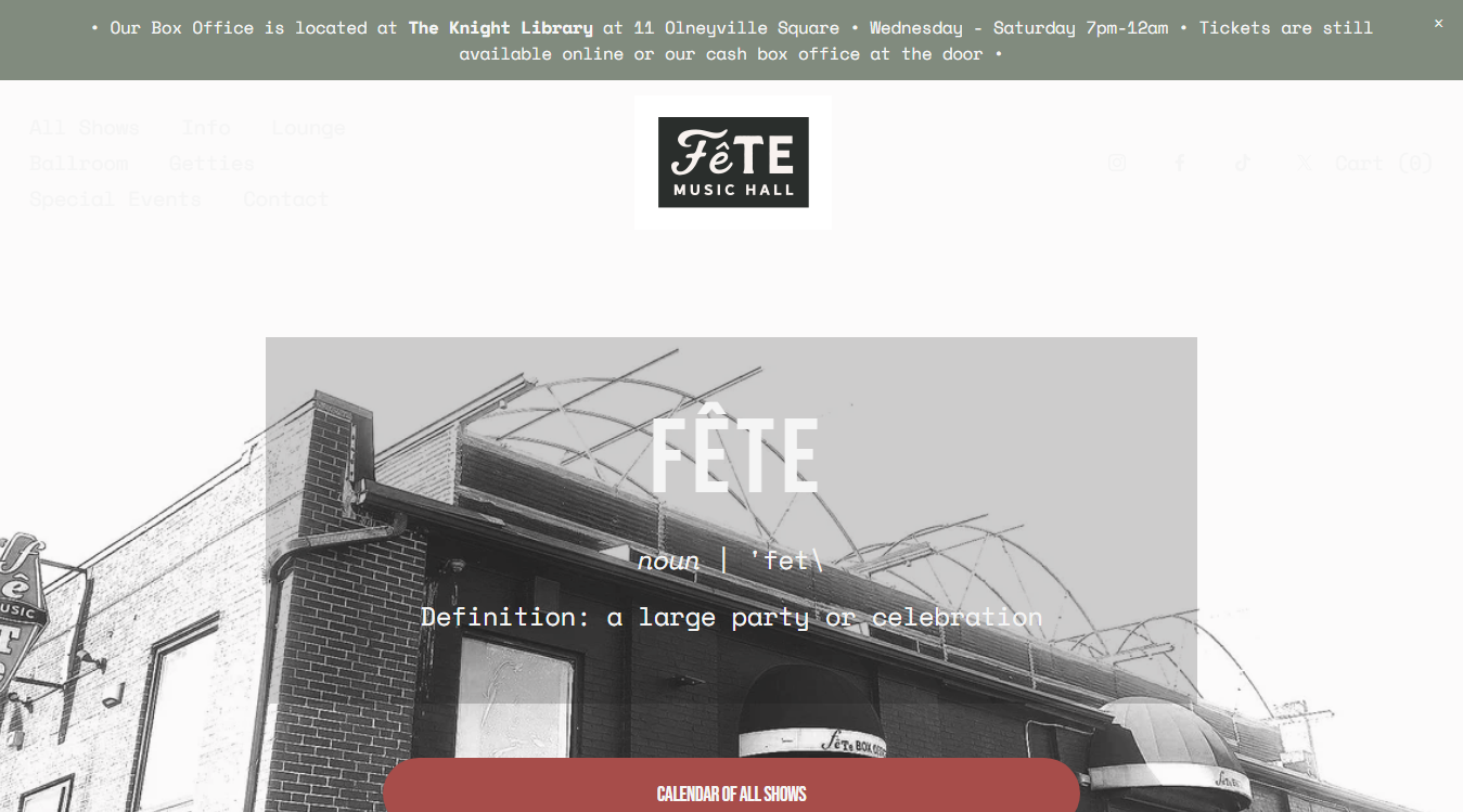 Website screenshot for Fete Music Hall