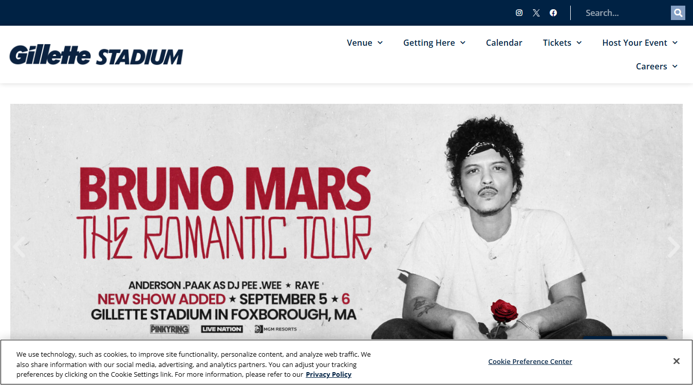 Website screenshot for Gillette Stadium