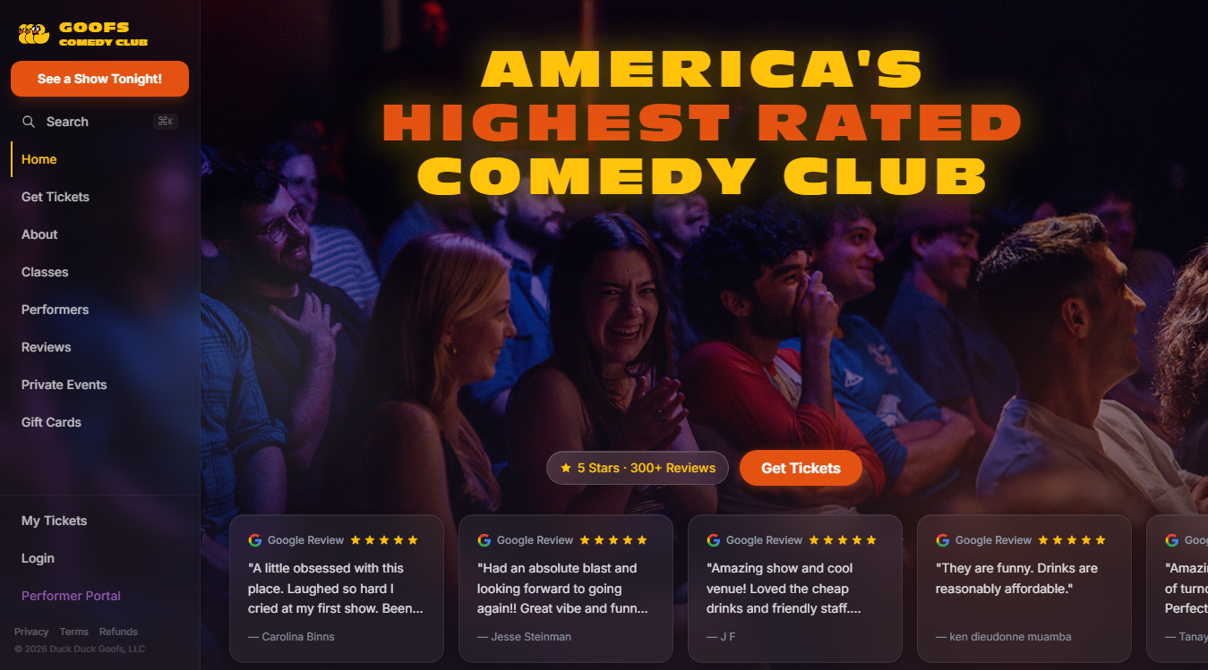 Website screenshot for Goofs Comedy Club