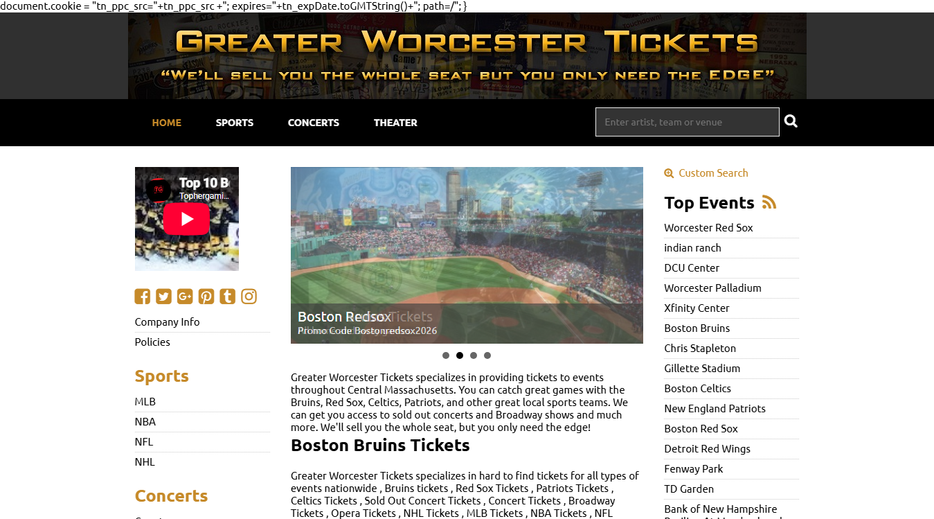 Website screenshot for Greater Worcester Tickets