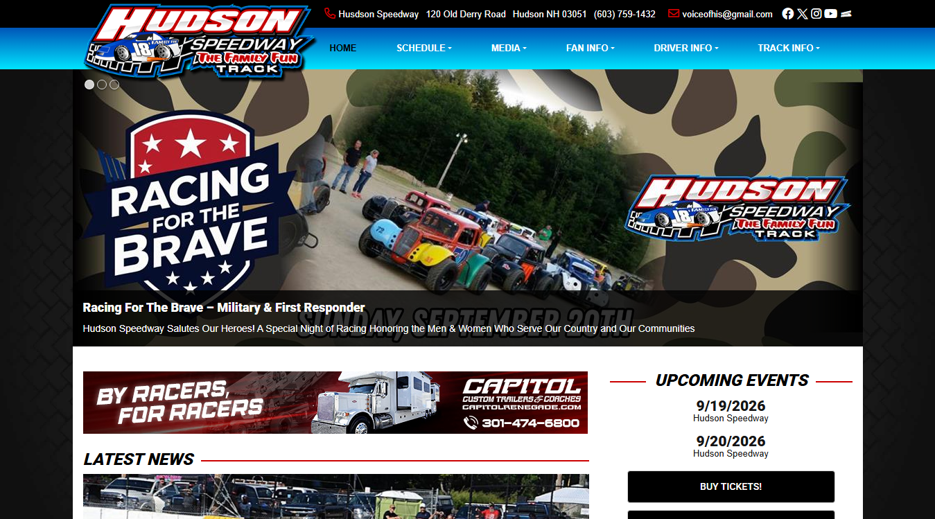 Website screenshot for Hudson Speedway