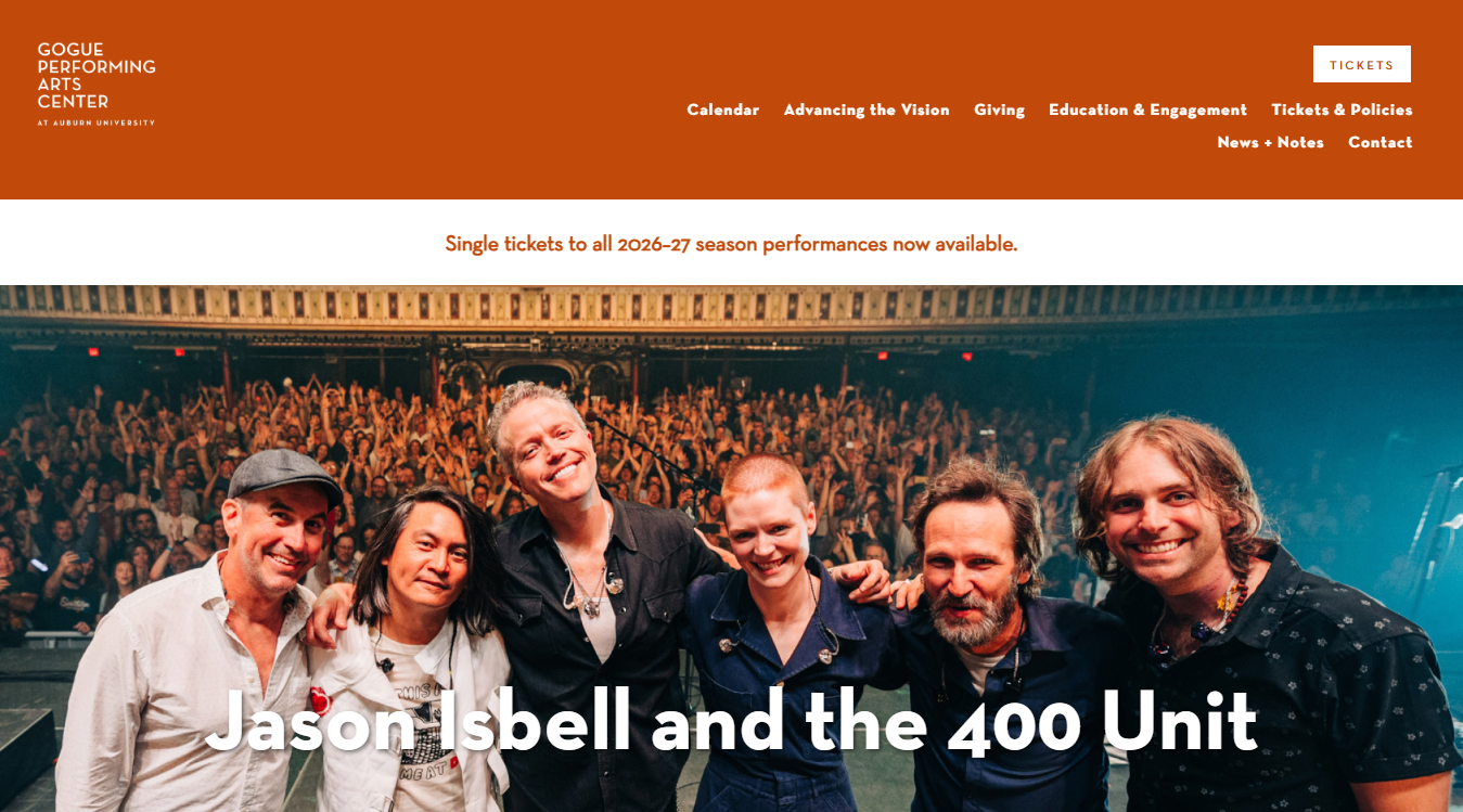Website screenshot for Jay and Susie Gogue Performing Arts Center at Auburn University