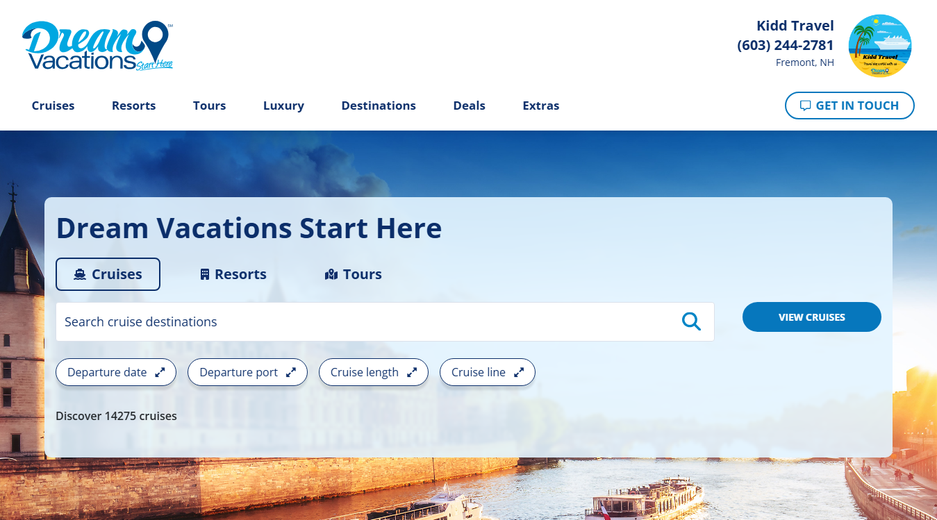 Website screenshot for Kidd Travel - Dream Vacations