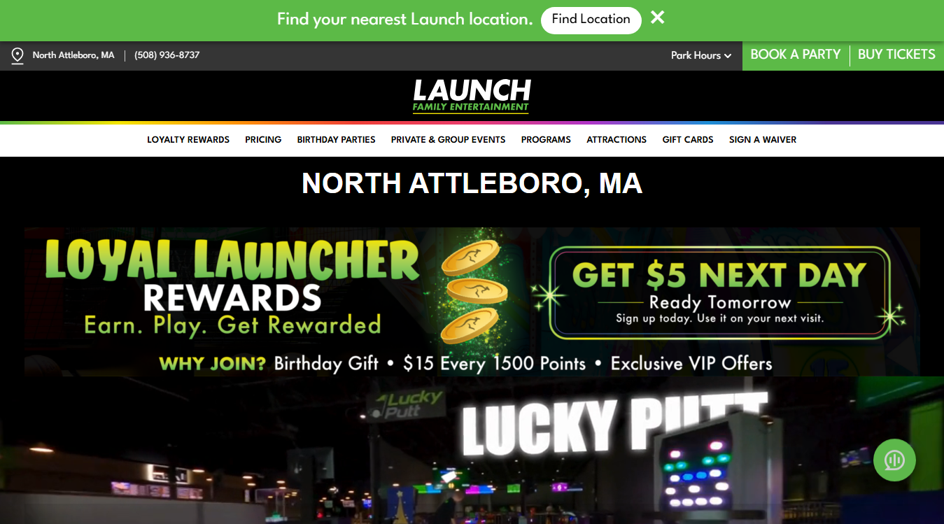 Website screenshot for Launch Family Entertainment Park North Attleboro