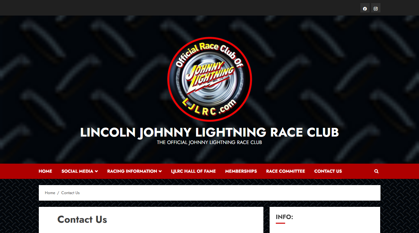 Website screenshot for Lincoln Johnny Lightning Race Club
