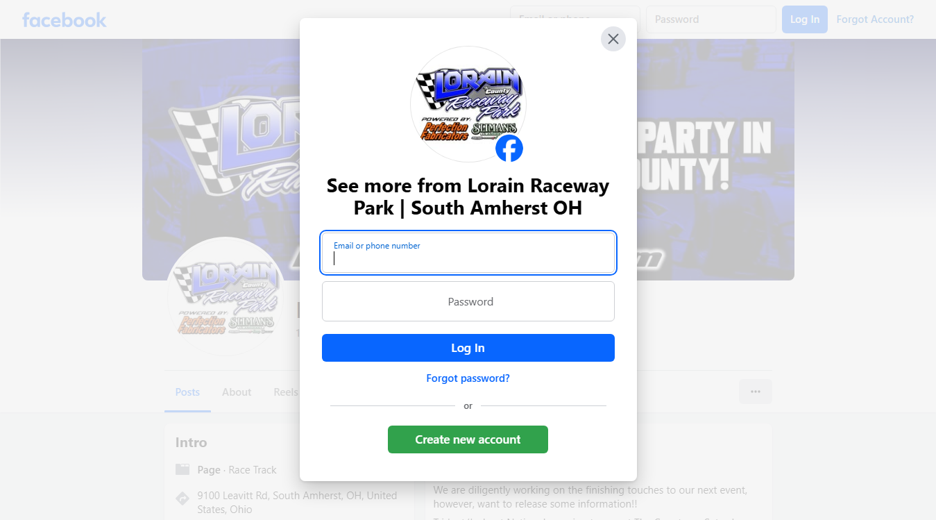 Website screenshot for Lorain Raceway Park