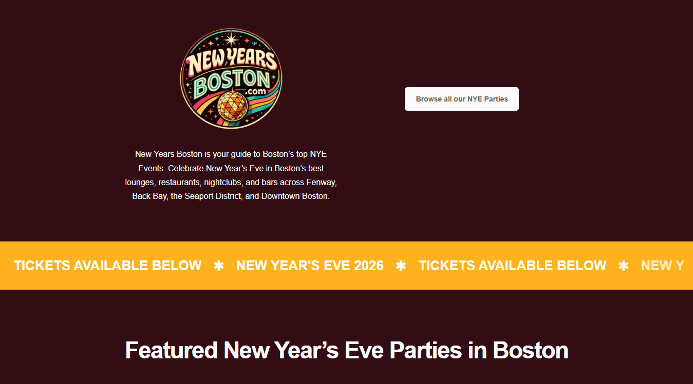 Website screenshot for New Years Boston