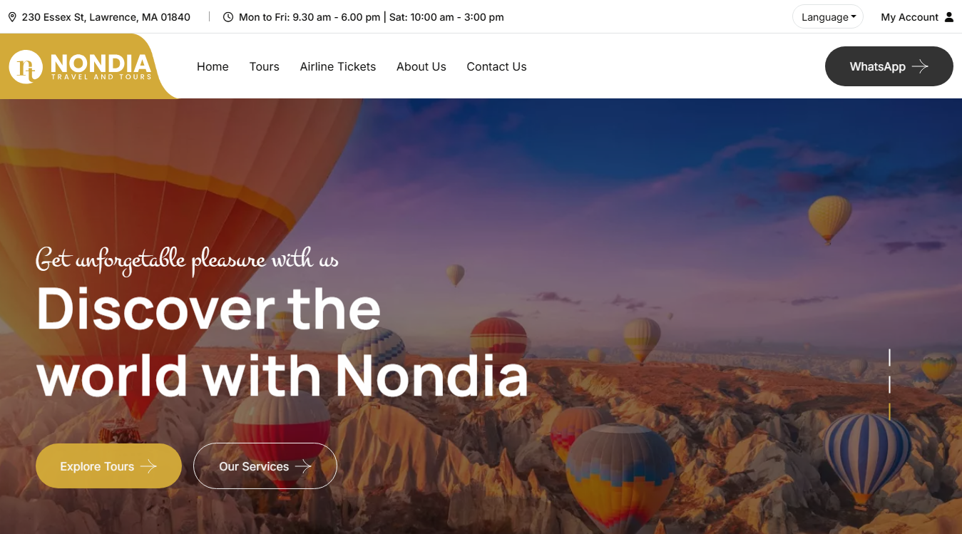 Website screenshot for Nondia Travel and Tours