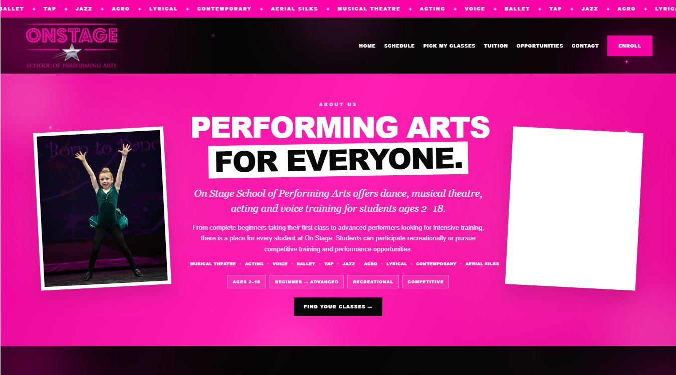 Website screenshot for On Stage School of Performing Arts