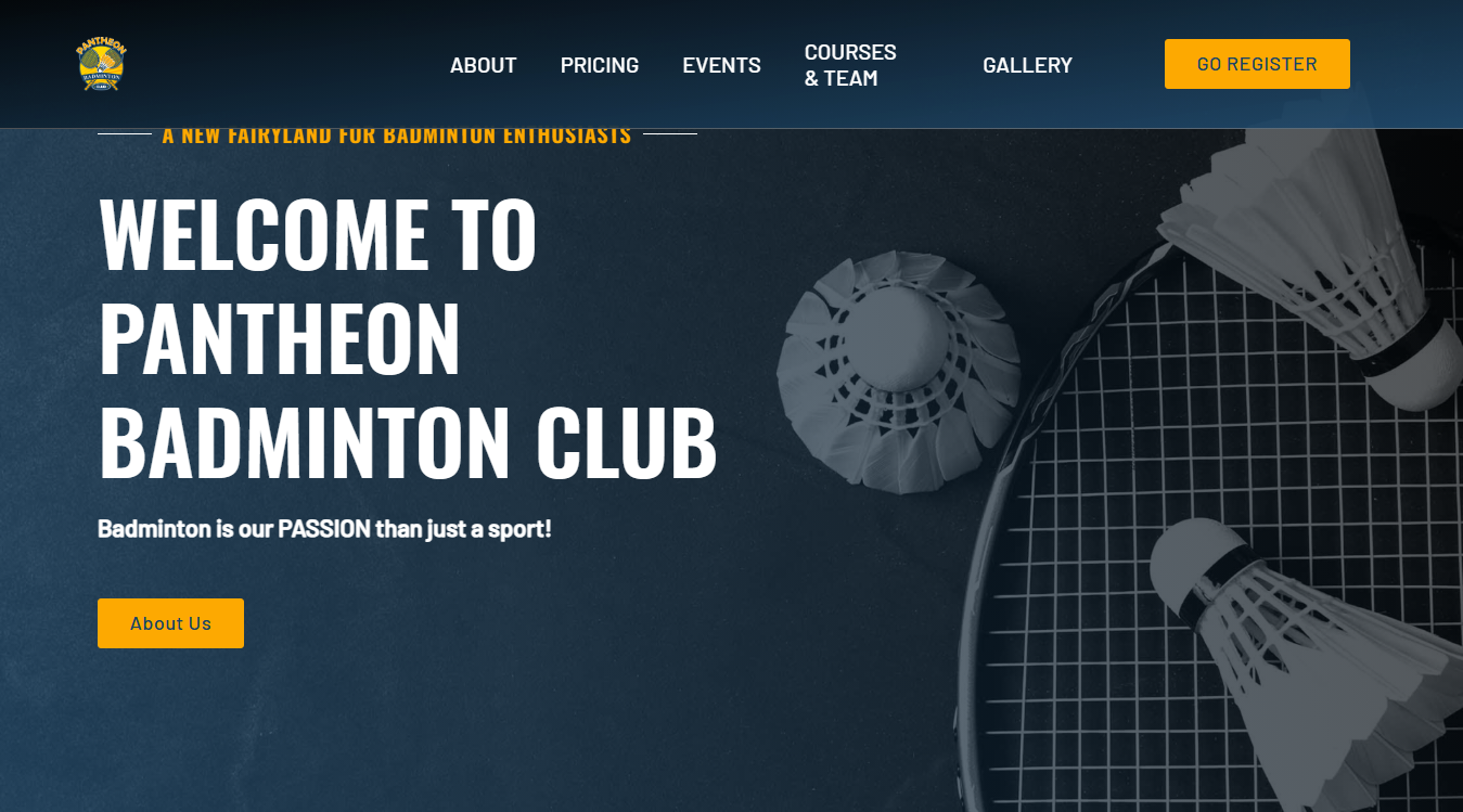 Website screenshot for Pantheon badminton club