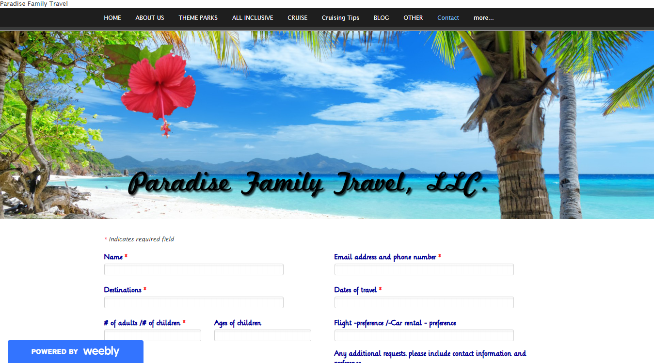 Website screenshot for Paradise Family Travel, LLC.