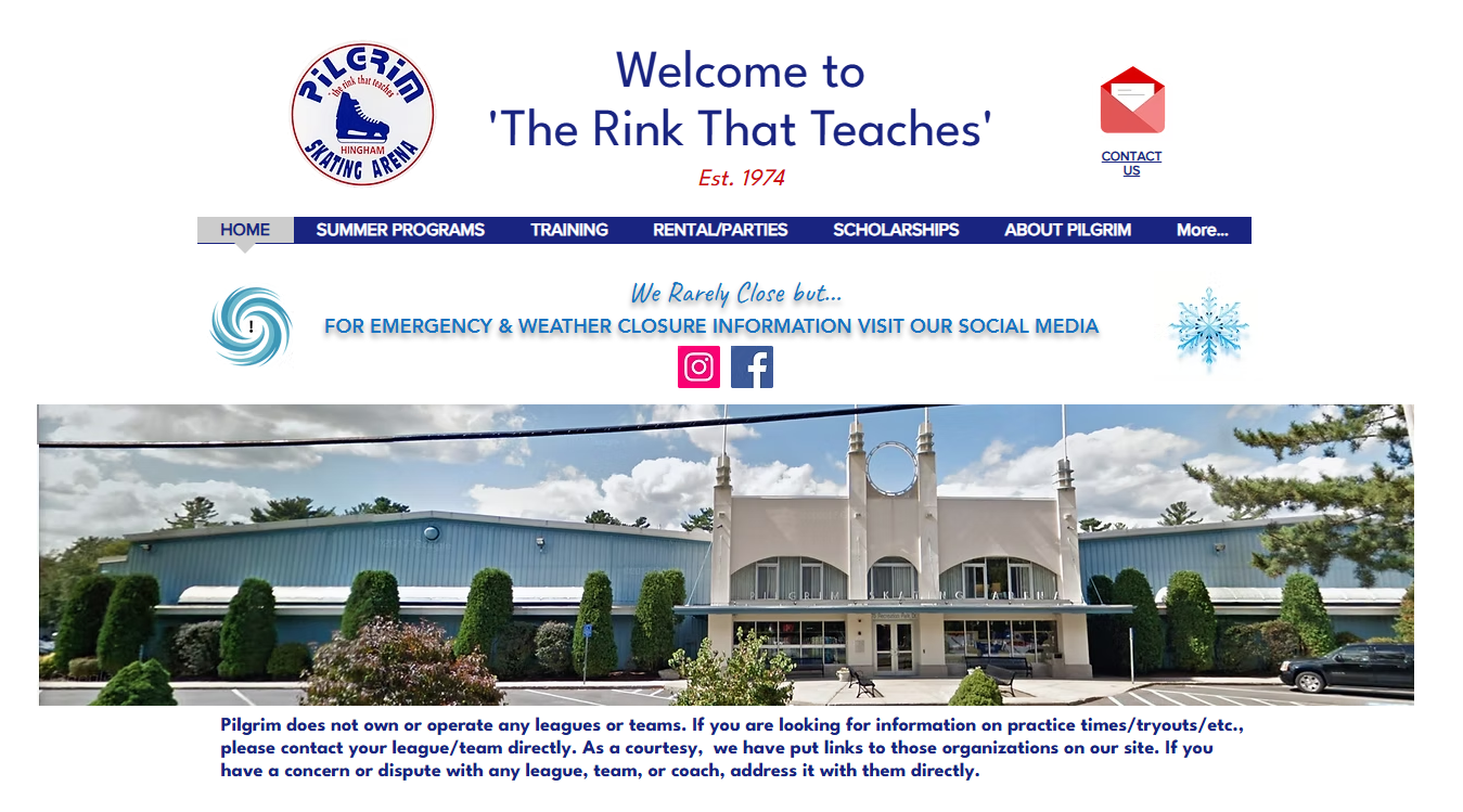 Website screenshot for Pilgrim Skating Arena Inc