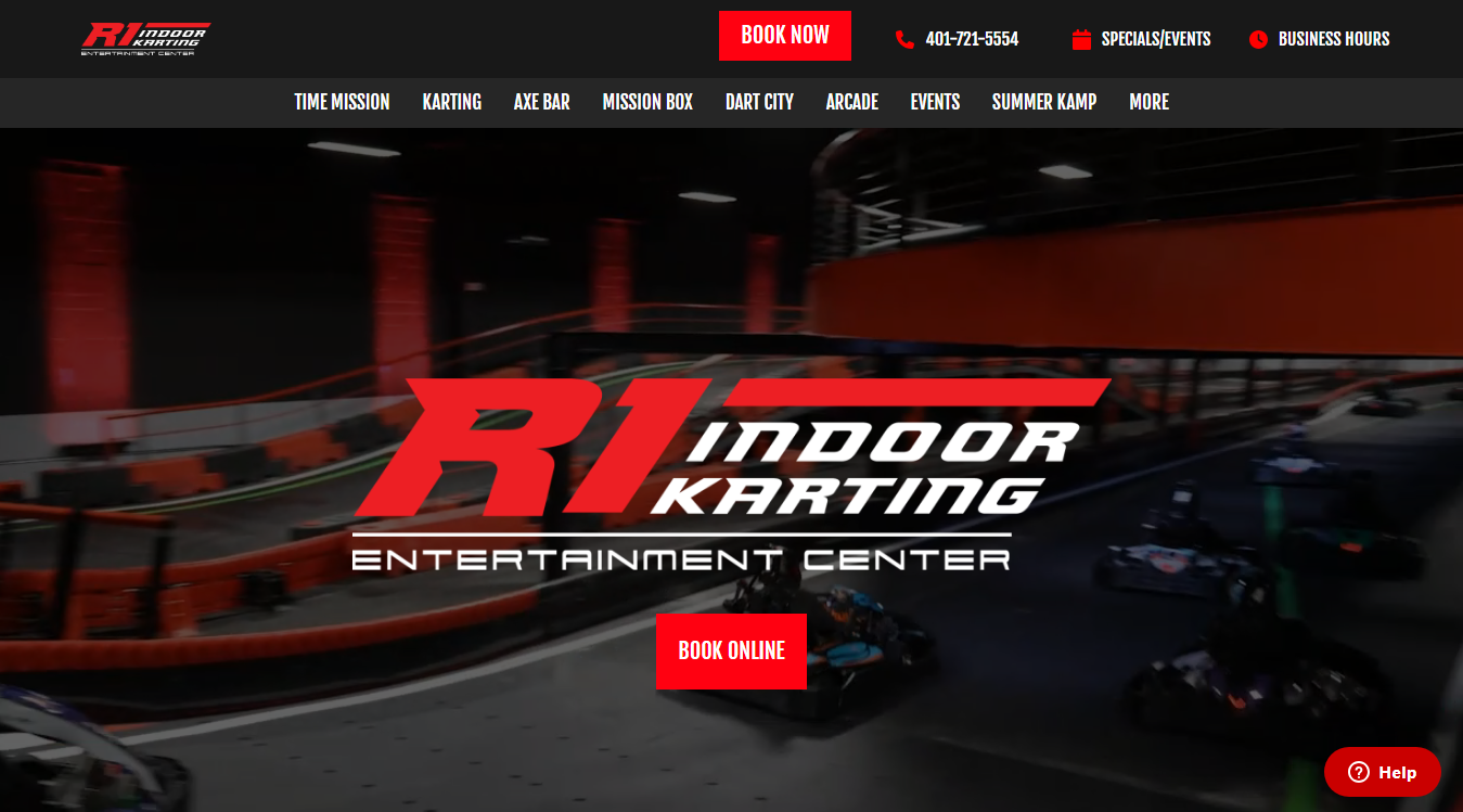 Website screenshot for R1 Indoor Karting | Time Mission, Dart City, Mission Box & Axe Bar