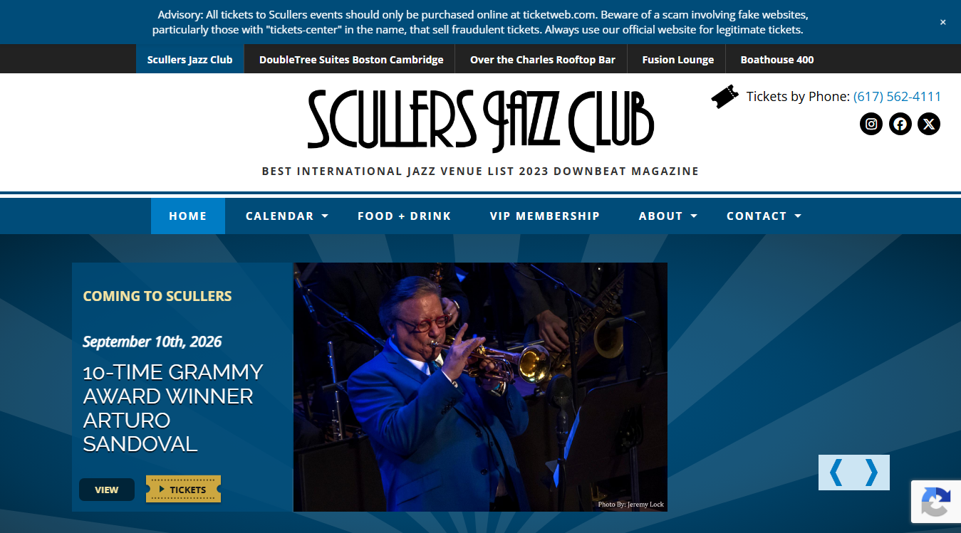 Website screenshot for Scullers Jazz Club