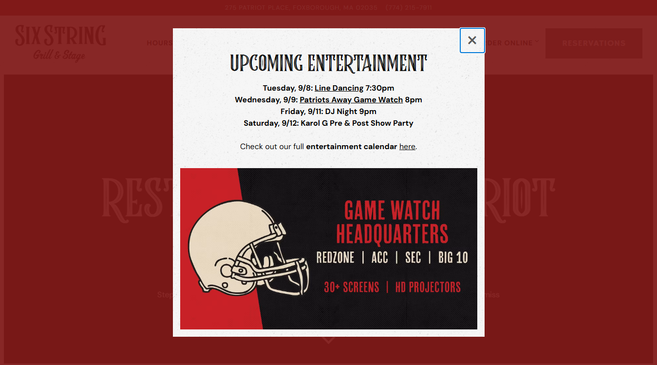 Website screenshot for Six String Grill & Stage