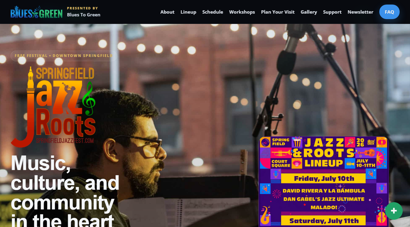 Website screenshot for Springfield Jazz & Roots Festival