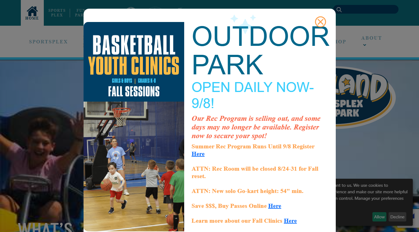 Website screenshot for Starland Sportsplex & Fun Park