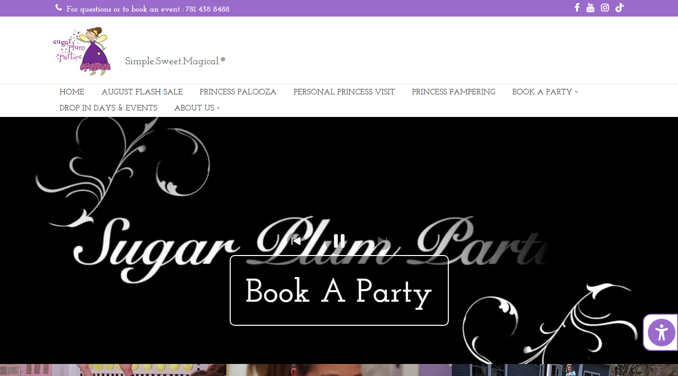 Website screenshot for Sugar Plum Parties