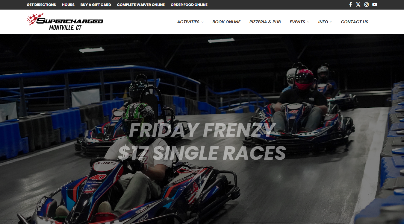 Website screenshot for Supercharged Indoor Karting and Axe Throwing