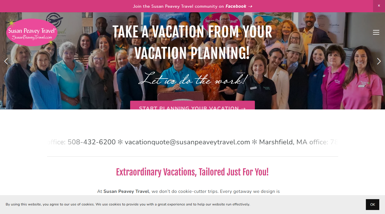 Website screenshot for Susan Peavey Travel, Inc.