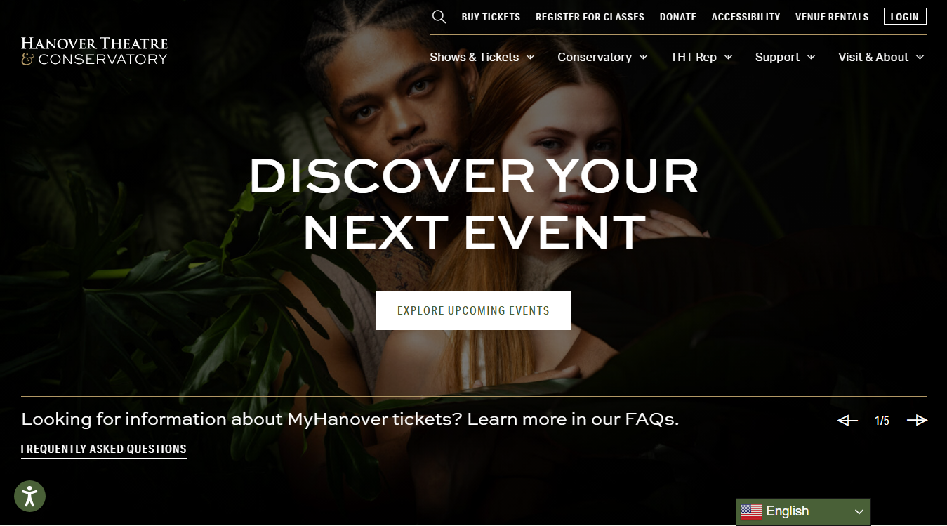 Website screenshot for The Hanover Theatre and Conservatory for the Performing Arts
