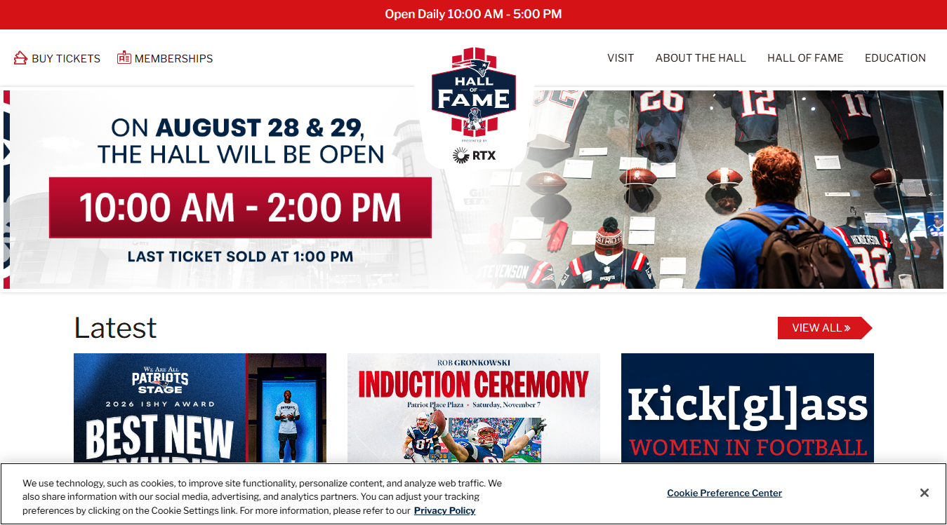 Website screenshot for The Patriots Hall of Fame
