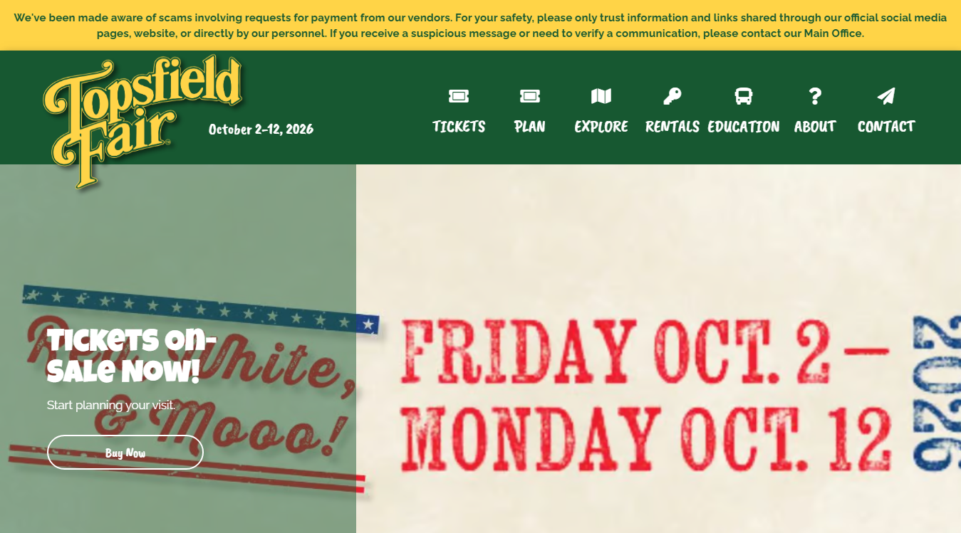 Website screenshot for Topsfield Fairgrounds