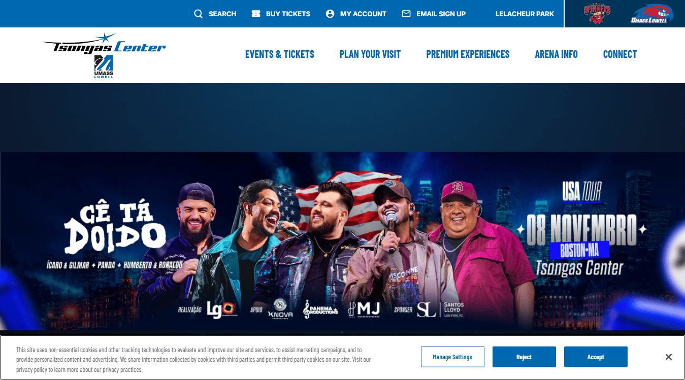 Website screenshot for Tsongas Center at UMass Lowell