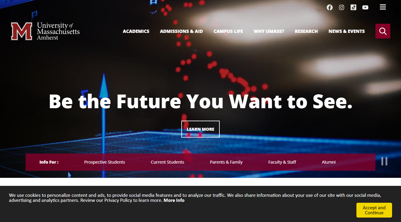 Website screenshot for University of Massachusetts Amherst