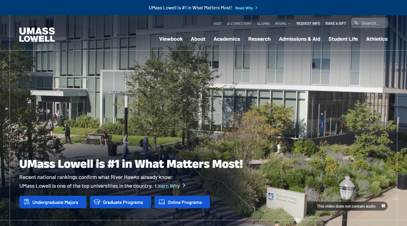 Website screenshot for University of Massachusetts Lowell