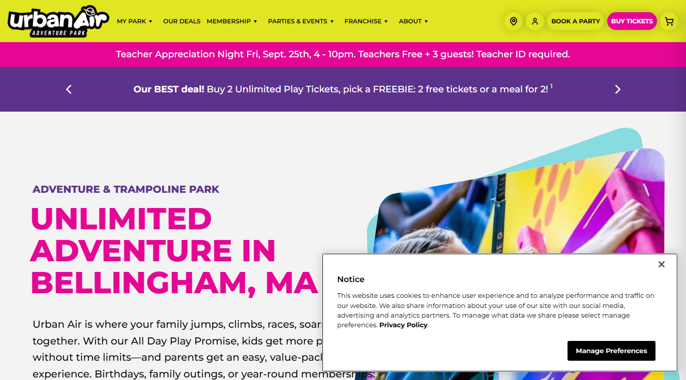 Website screenshot for Urban Air Trampoline and Adventure Park